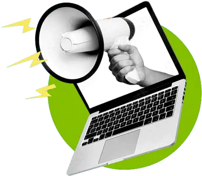 Mega phone emerging from laptop for digital marketing and online advertising promotion.