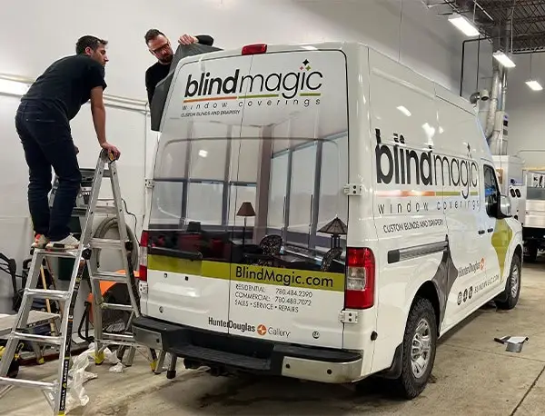 Custom window covering van with blinds and curtains, Neo Digital branding.