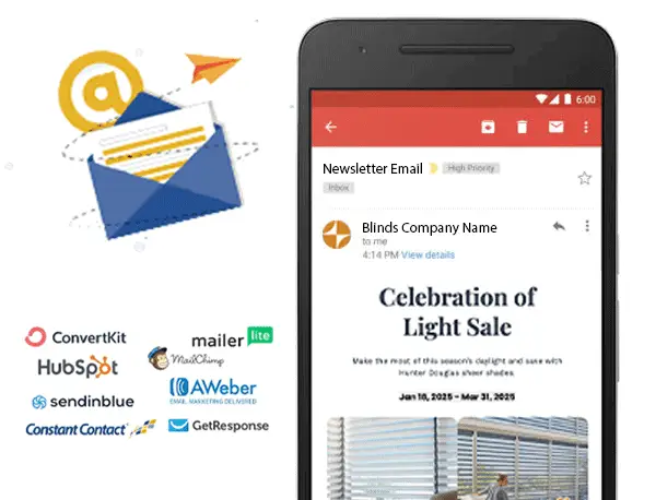 Email marketing campaign illustration with promotional newsletter on smartphone screen.