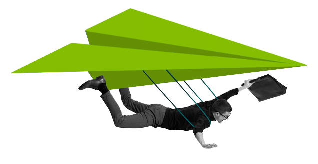 man flying on a paper airplane