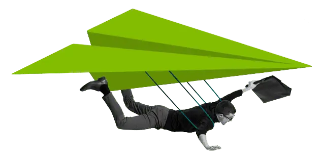 Man in business attire flying with paper airplane, representing innovation and digital transformation.