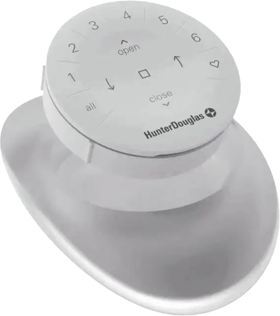 Wireless remote control for Hunter Douglas window blinds or shades.