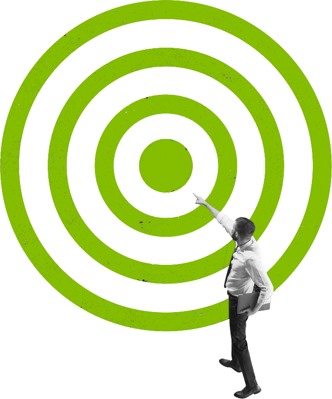 man pointing at the bullseye of a giant target