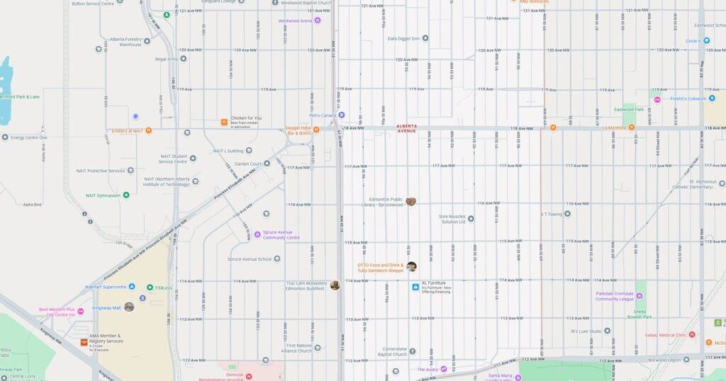 Vivid map of Edmonton showing streets, landmarks, businesses, and public facilities for navigation and location insights.