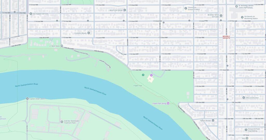 A detailed map of Floden Park along the North Saskatchewan River in Beverly Heights, showing pathways, boat launch, and surrounding streets for navigation.