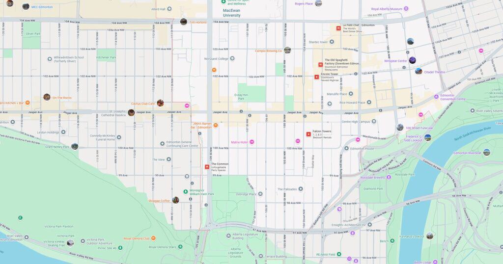 Detailed map of Edmonton showing landmarks, parks, streets, and attractions, ideal for navigation, tourism, and exploring the city’s key locations.