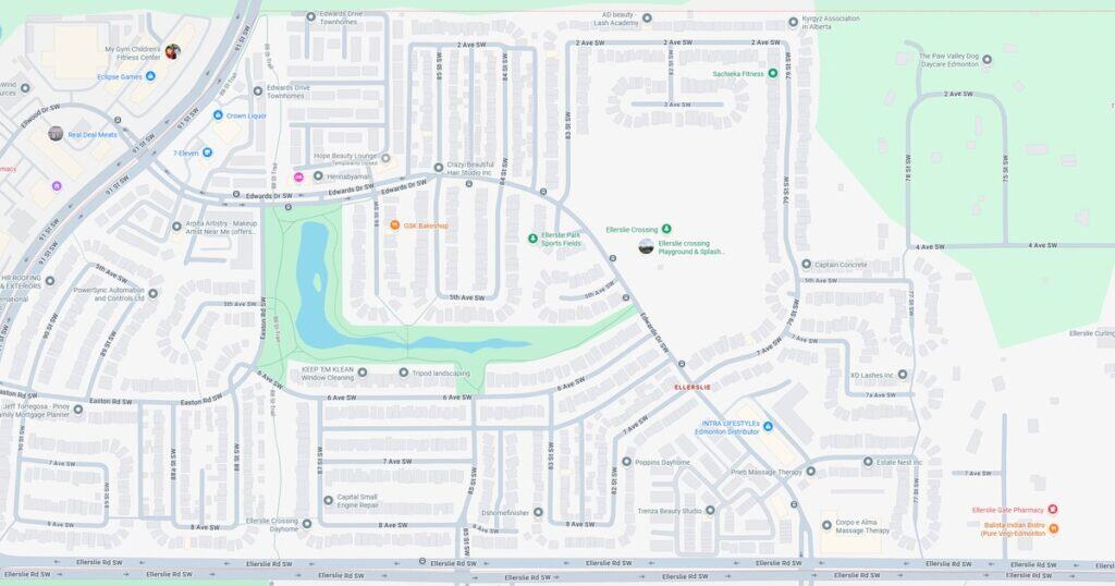 Vibrant community map of Ellerslie with parks, playgrounds, and local businesses. Ideal for residents and visitors exploring Ellerslie's outdoor attractions and amenities.