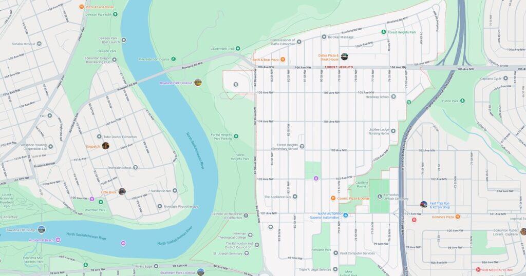 Detailed map of Edmonton with parks, streets, landmarks, and points of interest in the city.