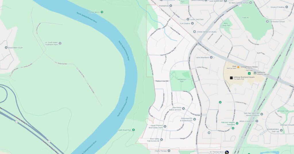 Bright map of Riverfront City Park and surrounding neighborhoods with amenities, trails, and local businesses.