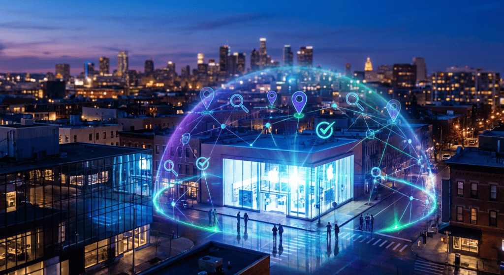 Futuristic digital network merging with cityscape at dusk, representing smart city technology and connectivity.