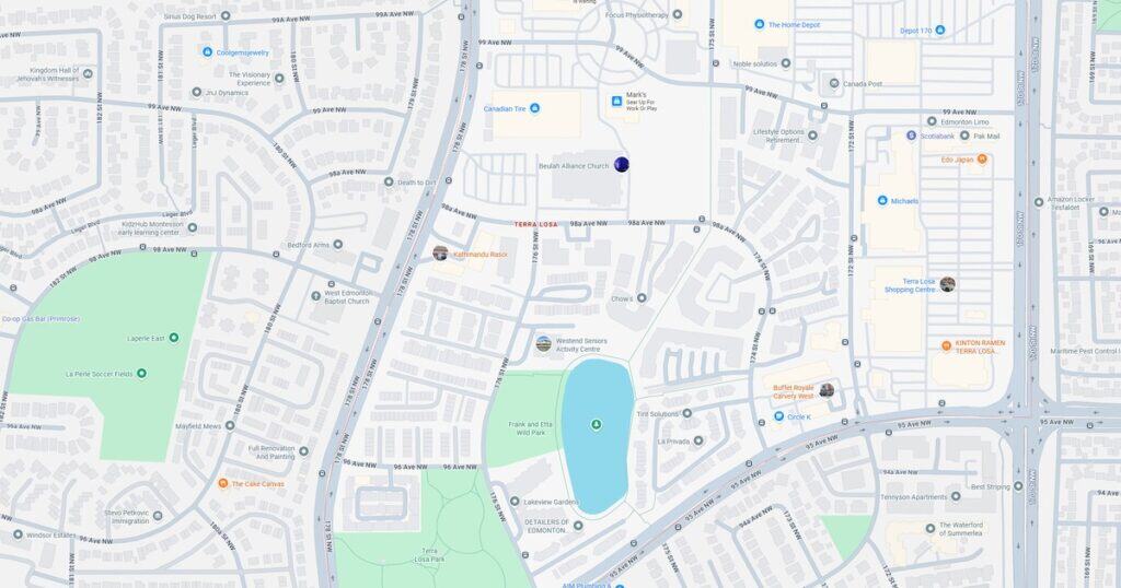 Brightly colored map pin marks Beulah Alliance Church in Edmonton, located near Frank and Etta Wild Park, with surrounding streets, parks, and nearby shopping centers clearly illustrated.