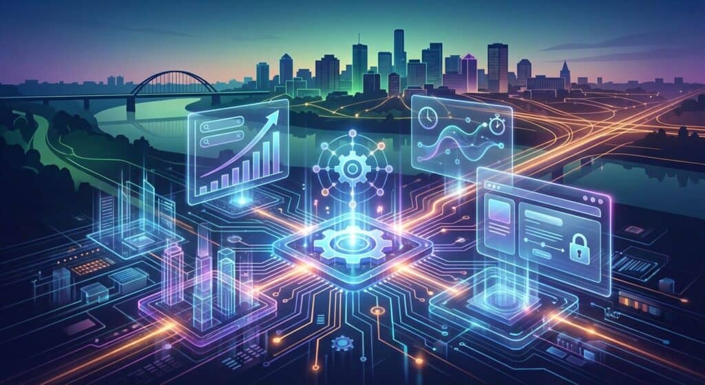 Futuristic digital cityscape featuring holographic screens, data graphs, and interconnected technology elements with a vibrant city skyline in the background.