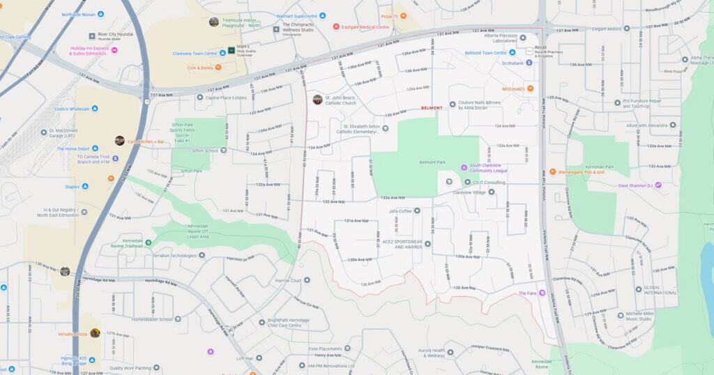 Detailed map showing streets, parks, and landmarks in a residential neighborhood.