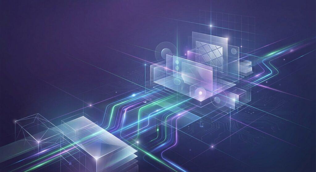 An abstract digital illustration of interconnected screens and data streams representing modern communication and information technology.