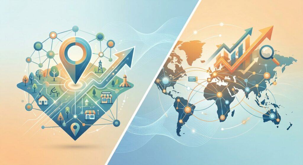 A digital illustration showing interconnected urban areas and worldwide networks with growth arrows.