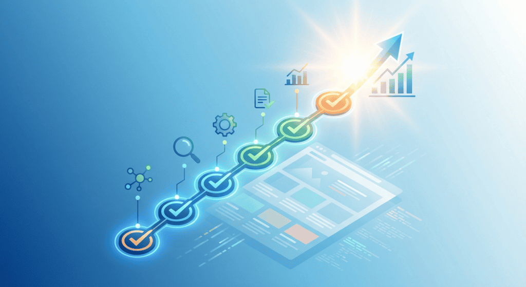 Digital illustration showing upward growth with checkmarks, charts, and arrows symbolizing business progress and success.