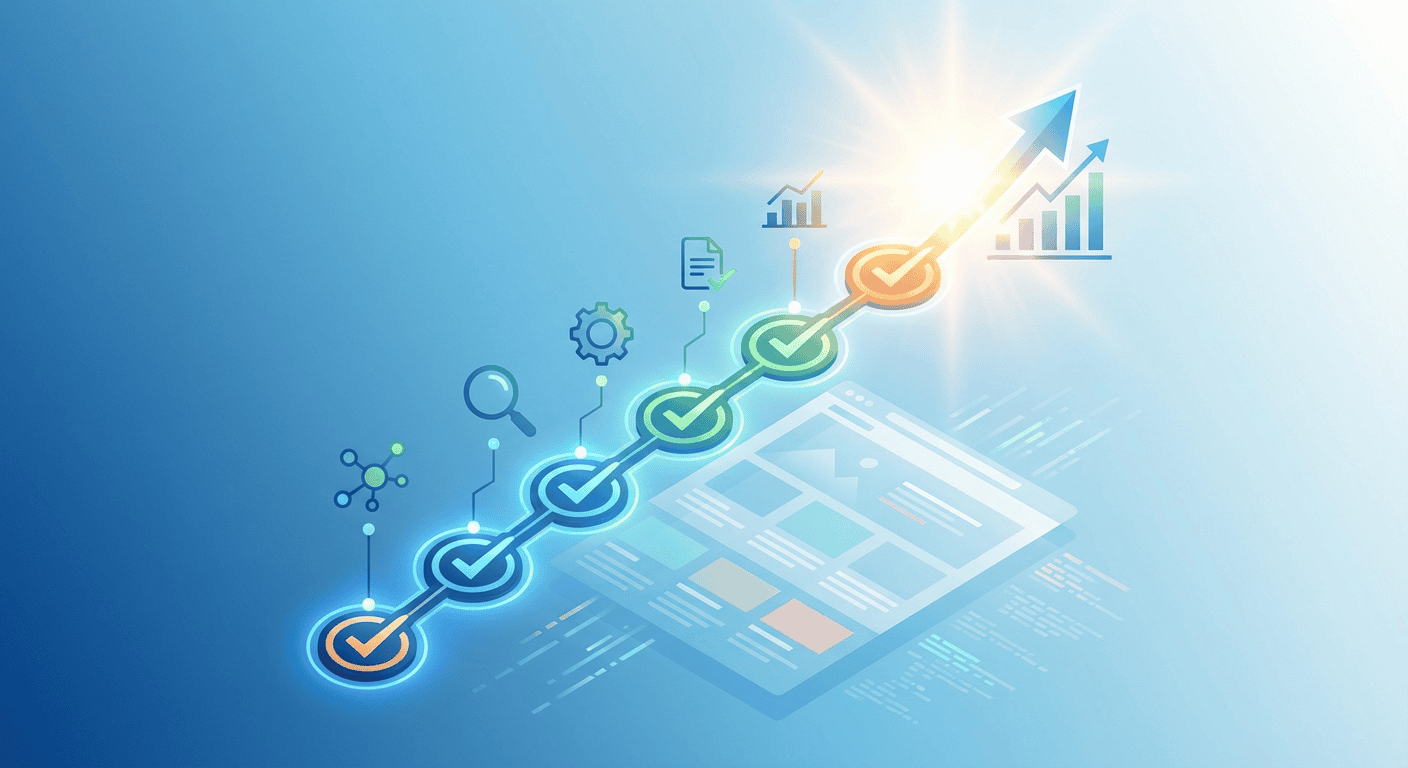 Digital illustration showing upward growth with checkmarks, charts, and arrows symbolizing business progress and success.
