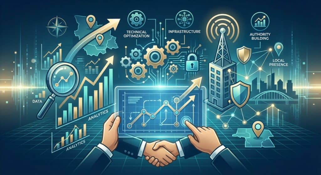 Digital data analytics, business growth, and technology infrastructure with charts, graphs, and security icons representing data-driven decision making.