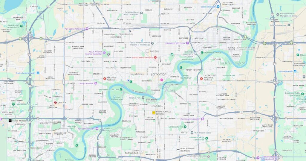 Detailed map showing Edmonton's urban layout, major highways, and the North Saskatchewan River flowing through the city.