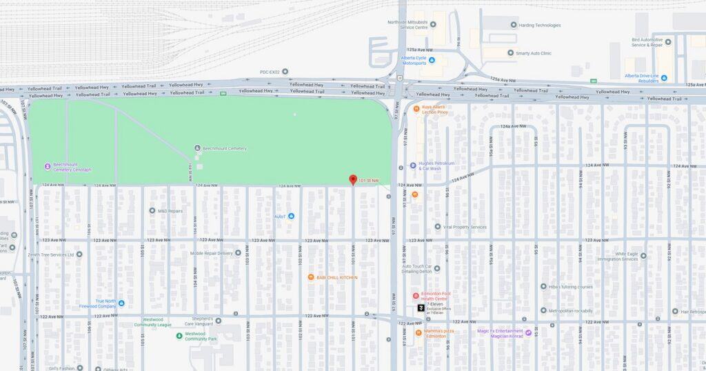Map of downtown city streets with public transportation routes and green park area.