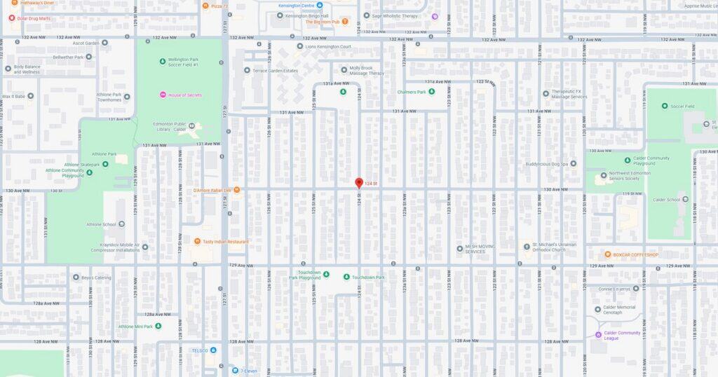 City street map showing parks, bus lines, and transit stops for urban navigation.