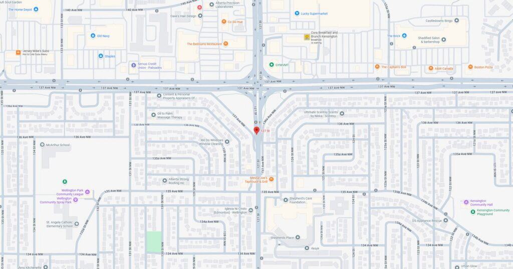 Detailed city street map highlighting transit routes, bus stops, and key landmarks in downtown area. Ideal for navigation, urban planning, and local travel guides.