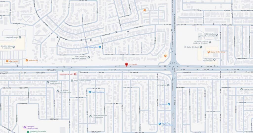 Detailed map showing streets, intersections, and neighborhood layout in a residential area.