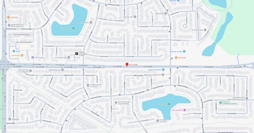 A map showing a suburban area with lakes, streets, and residential homes, highlighting local landmarks and natural features.
