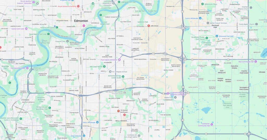Detailed city map highlighting streets, parks, rivers, and neighborhoods in Edmonton.