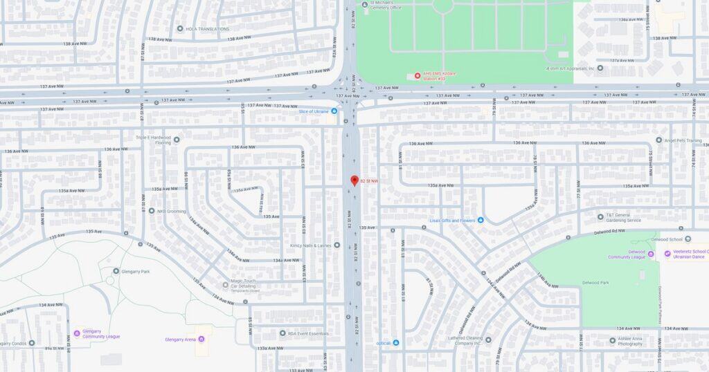 Detailed map showing streets, parks, and landmarks in a suburban area.