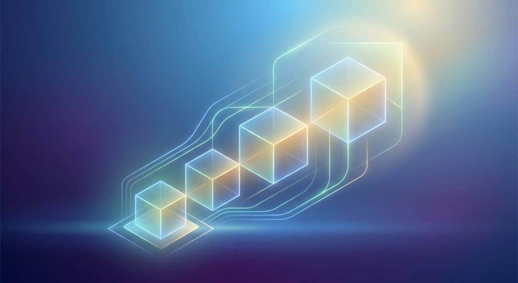 Digital blockchain concept with interconnected cubes and glowing lines representing secure data transfer and decentralized networks.