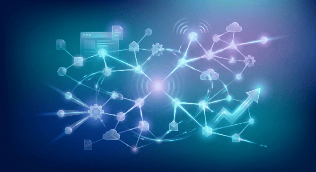 Digital network with interconnected nodes, cloud icons, and data flow representing cloud computing, AI integration, and data analytics.