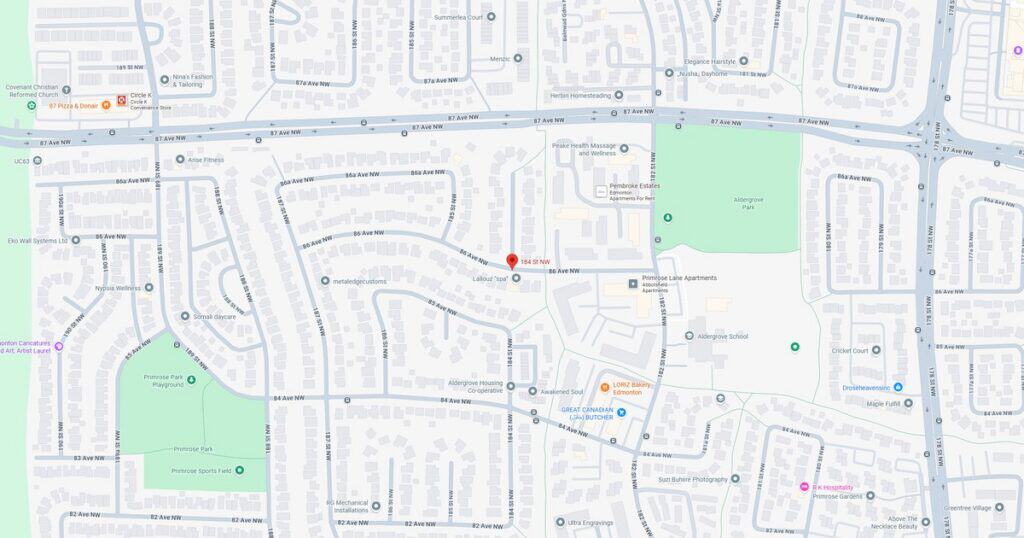 Detailed map showing streets, parks, and landmarks in a suburban area.