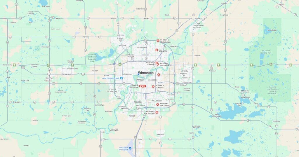 Map of Edmonton showing city layout, major roads, and transit routes including C-Train lines and bus stations.