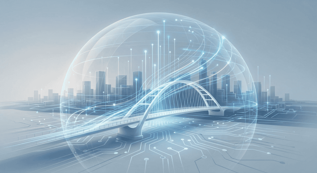A futuristic cityscape with advanced digital technology, holographic data displays, and interconnected infrastructure under a transparent dome.