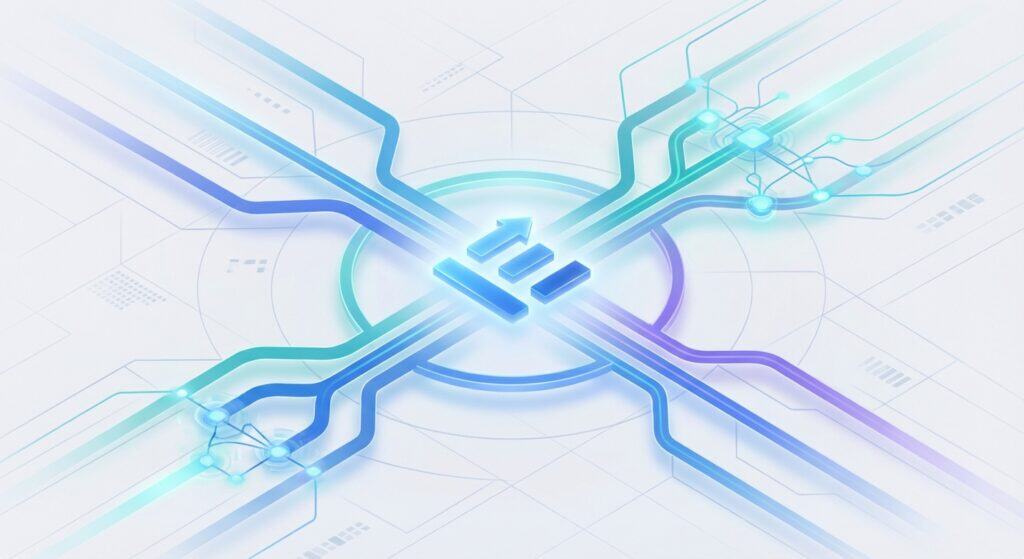 High-tech digital network connection with interconnected lines and circuits, illustrating data transfer and communication technology.