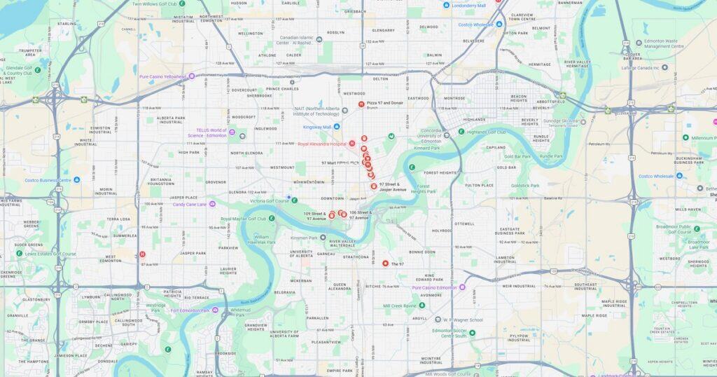 Map of Cincinnati downtown area highlighting river, streets, and key landmarks in the city.