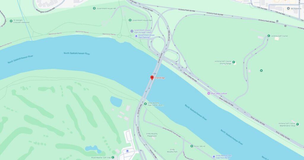Map showing the North Saskatchewan River in Edmonton with surrounding parks and bridges, highlighting key routes and green spaces.