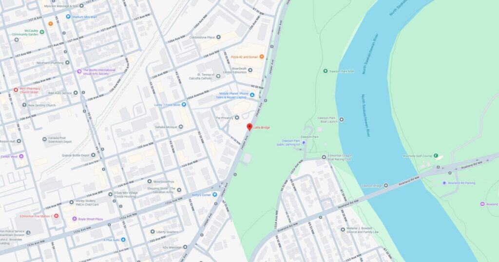 A map showing Riverside Park along the river with nearby streets and landmarks in the city center.