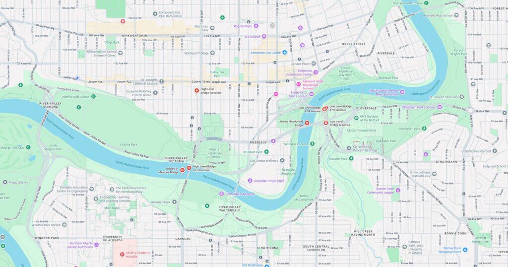 Map of Mountainside Park highlighting trails, river, and surrounding neighborhood features for visitors and outdoor enthusiasts.