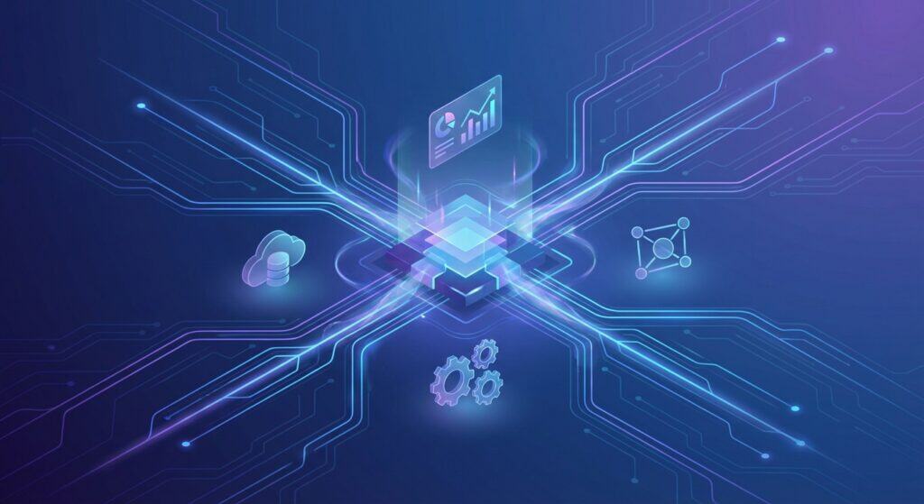 Futuristic digital network with interconnected icons representing data analysis, cloud computing, and gears for technological advancement.