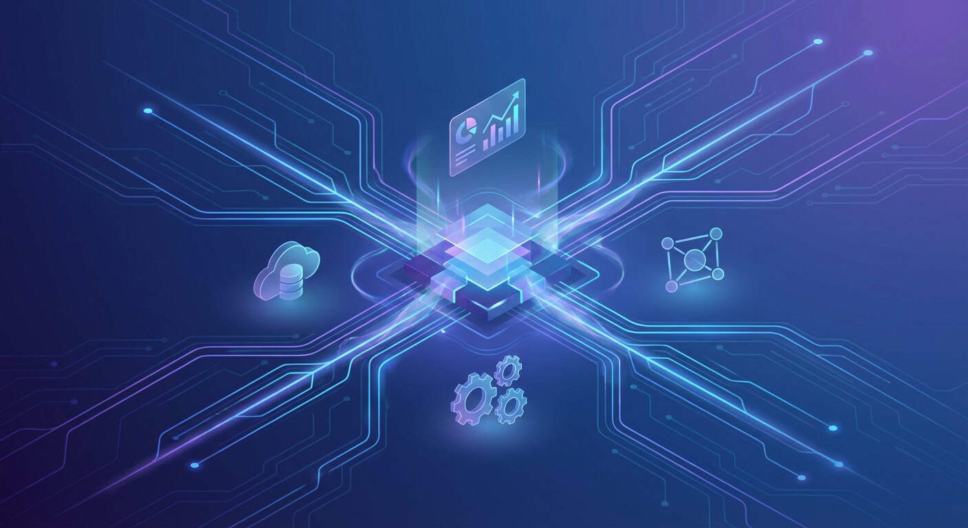 Futuristic digital network with interconnected icons representing data analysis, cloud computing, and gears for technological advancement.