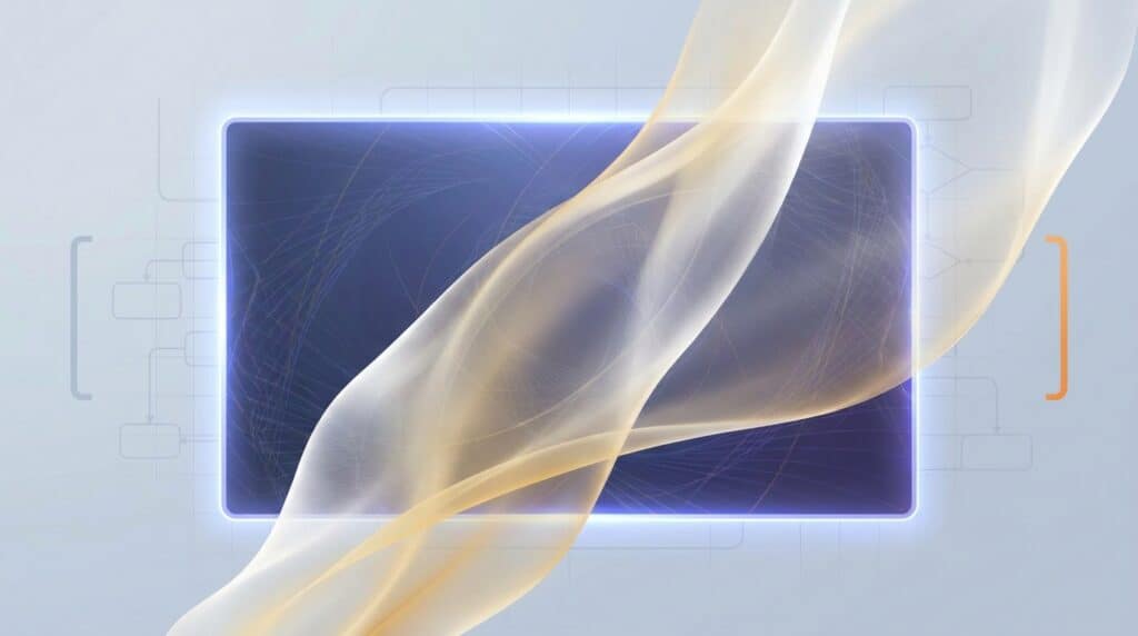 A high-tech digital interface featuring a glowing rectangular screen with flowing, semi-transparent light waves for a modern technological look.