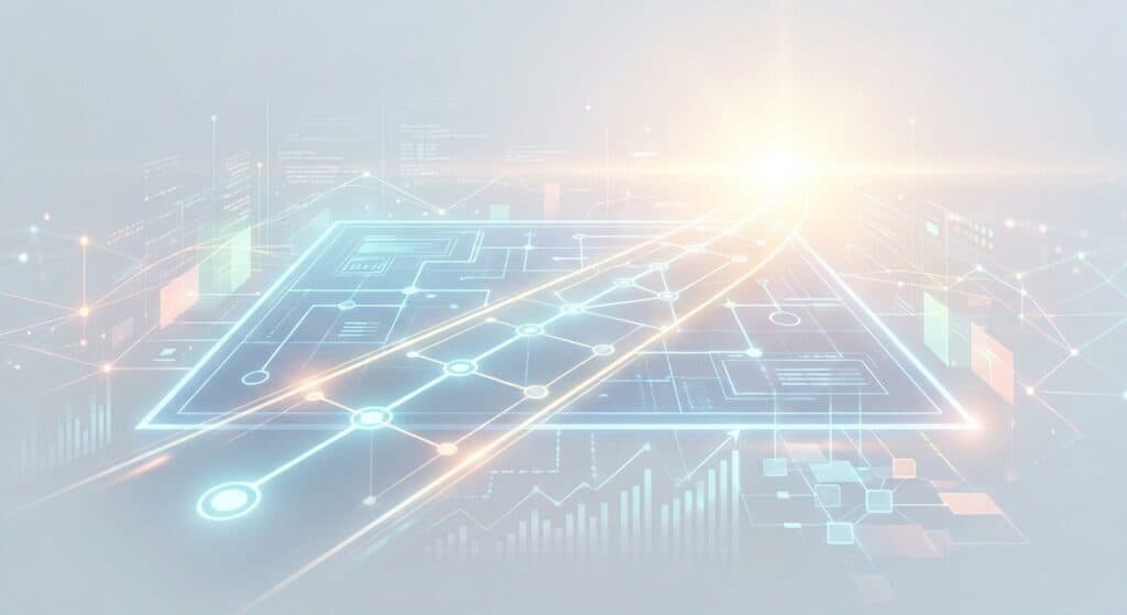 Digital network interface with interconnected circuits and glowing data pathways representing advanced technology and data flow.