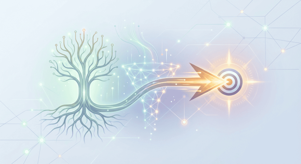 An abstract digital illustration of a tree connected to a target with an arrow, symbolizing growth, innovation, and strategic focus in technology.