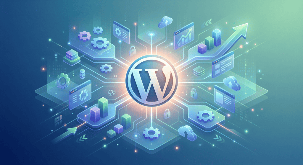 Central WordPress logo surrounded by digital icons representing website management, analytics, and development tools, highlighting website customization and digital growth.