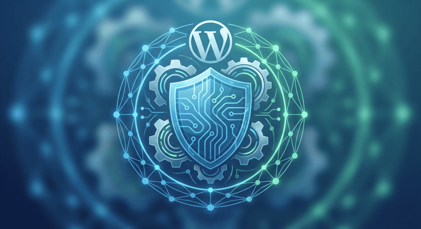 Cybersecurity shield with WordPress logo, surrounded by interconnected gears and digital network lines, symbolizing website security and protection.