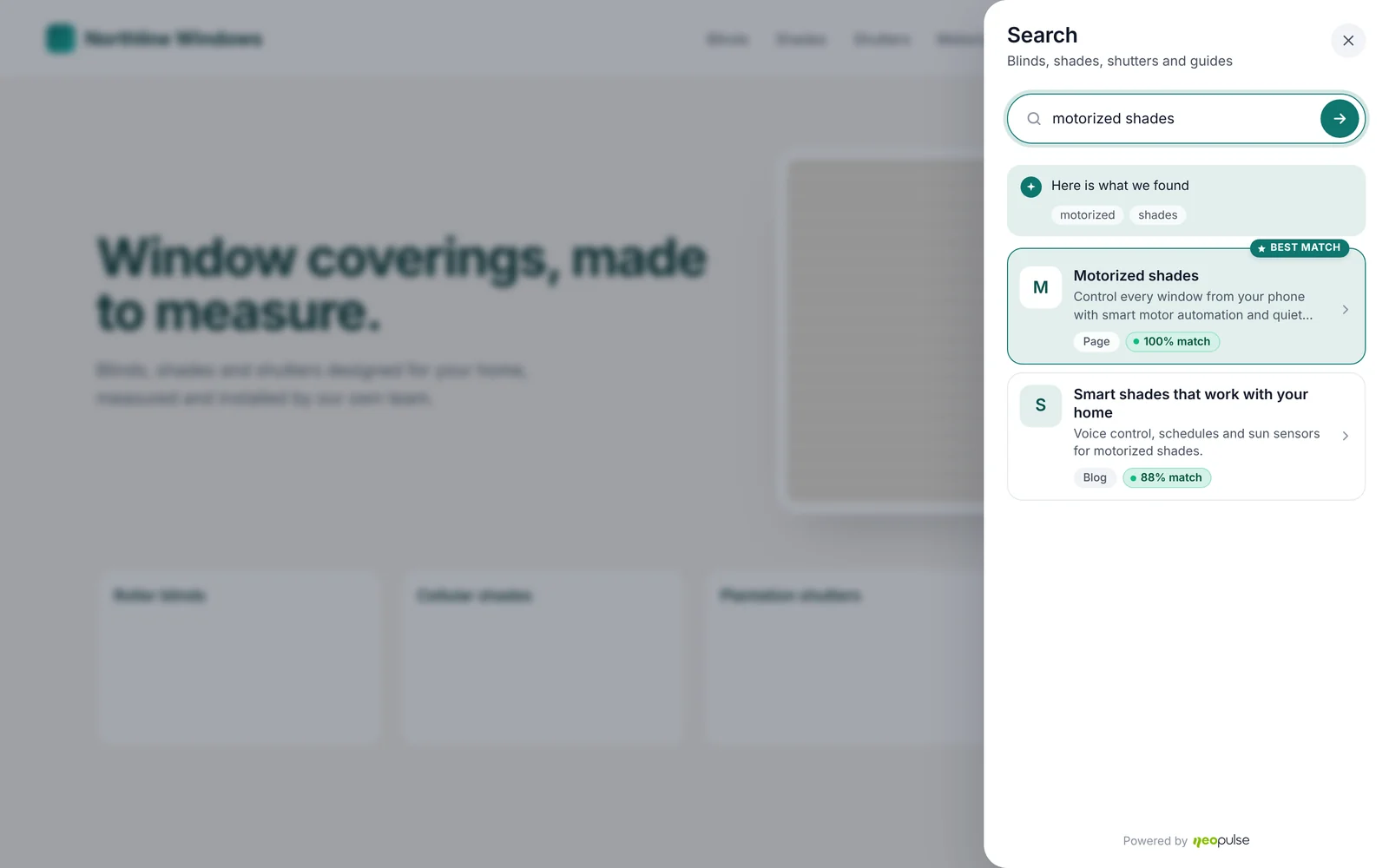 NEO Pulse AI search panel showing results with match scores