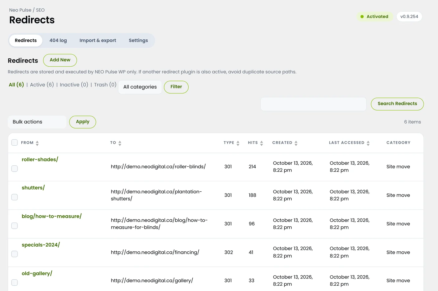 NEO Pulse redirects list with hit counts