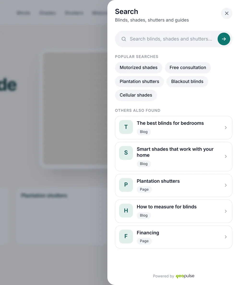 Search panel with popular searches and pages others also found